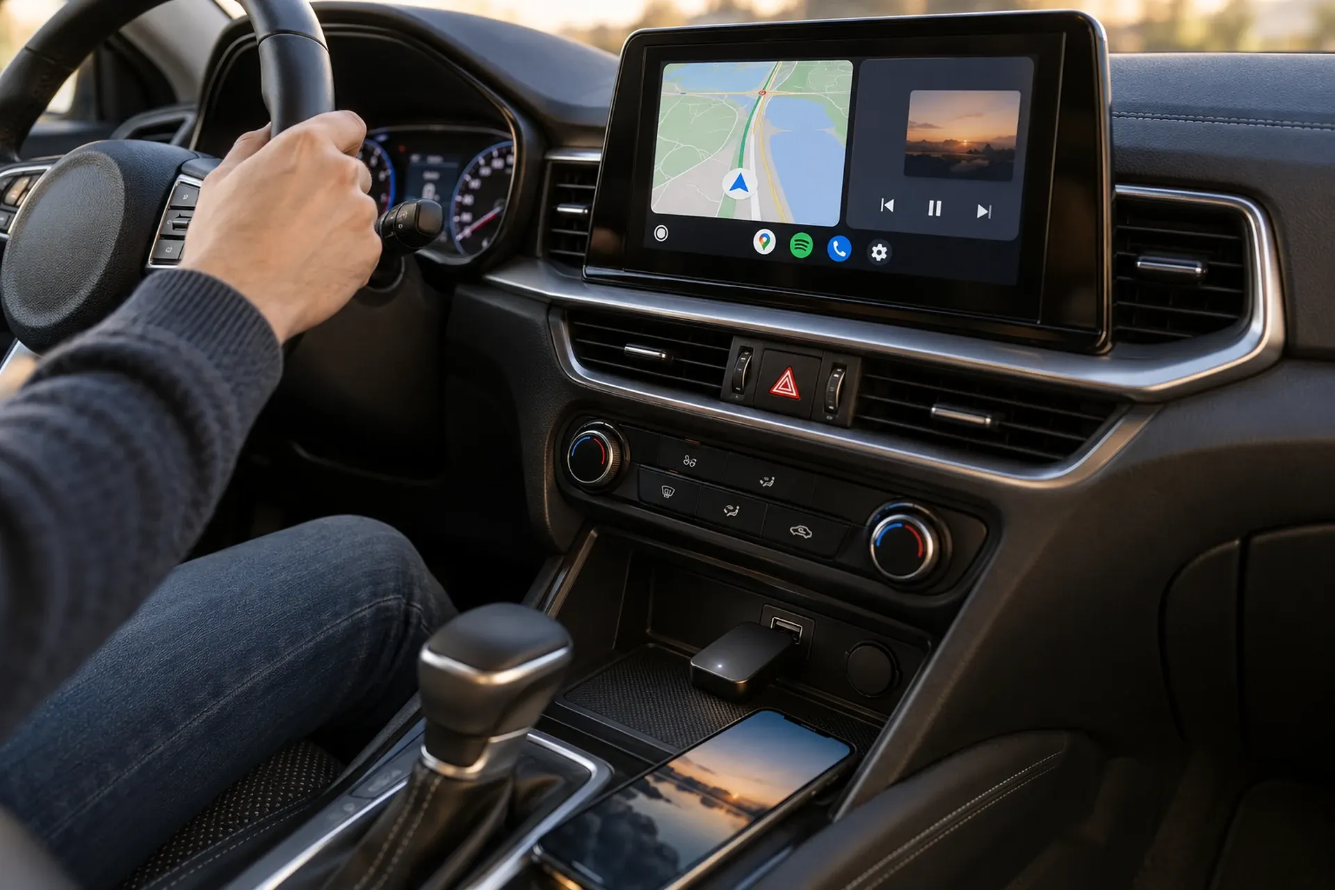 Draadloze Android Auto-adapter in de USB-poort van een Kia Ceed
