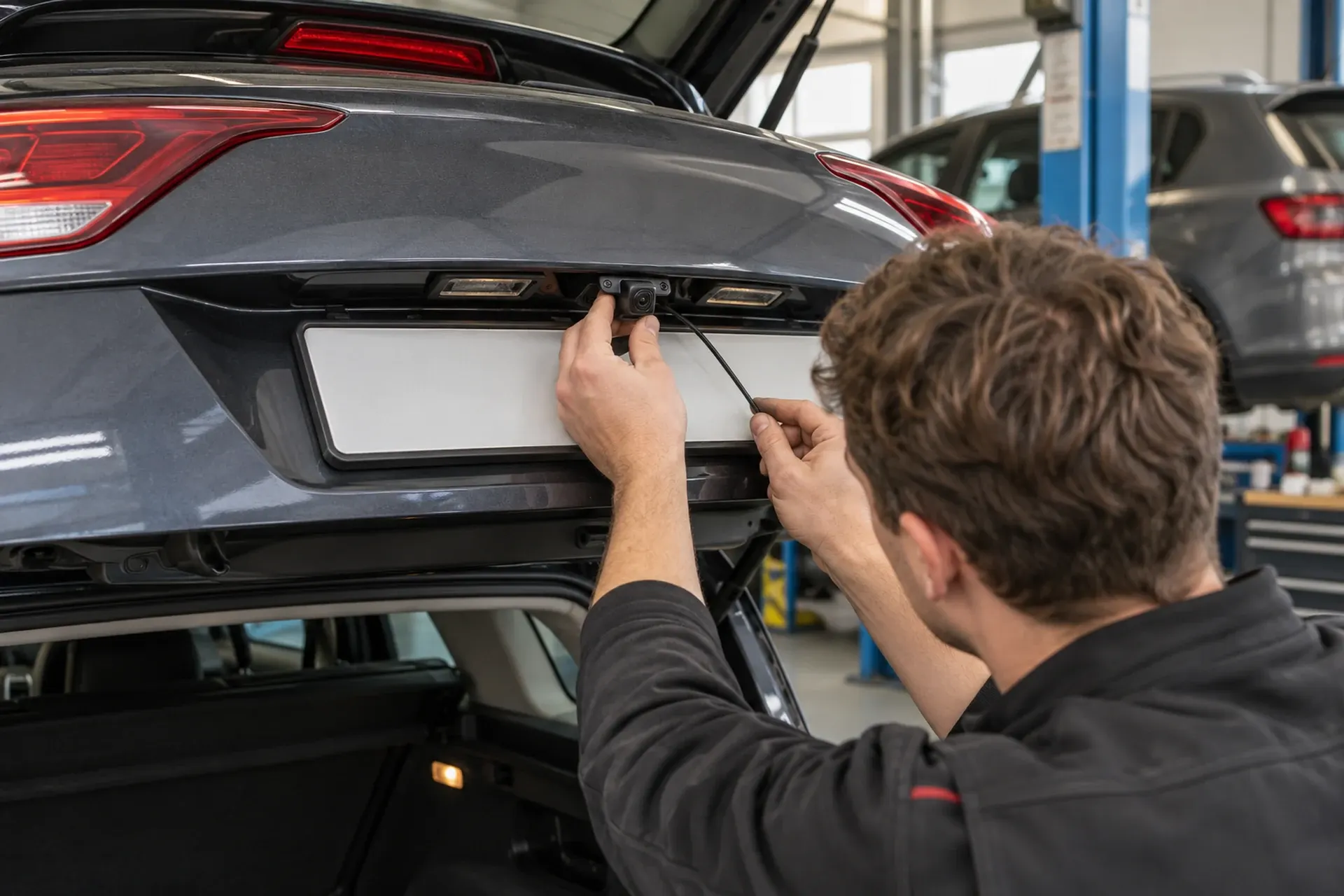 Achteruitrijcamera wordt boven de kentekenplaat van een Kia Ceed gemonteerd