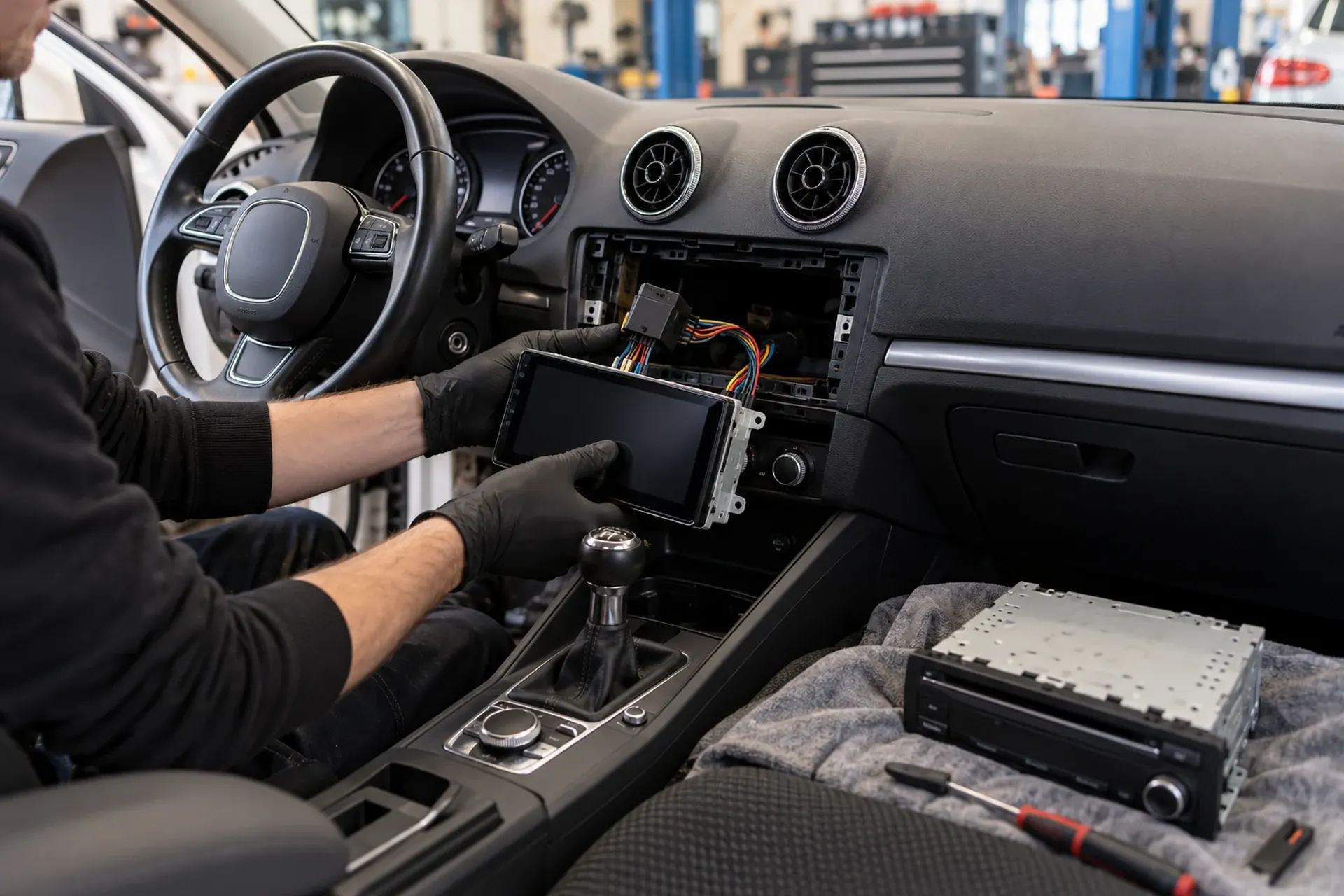 Inbouw van een Android Auto-autoradio in een Audi A3: oude radio naast de nieuwe