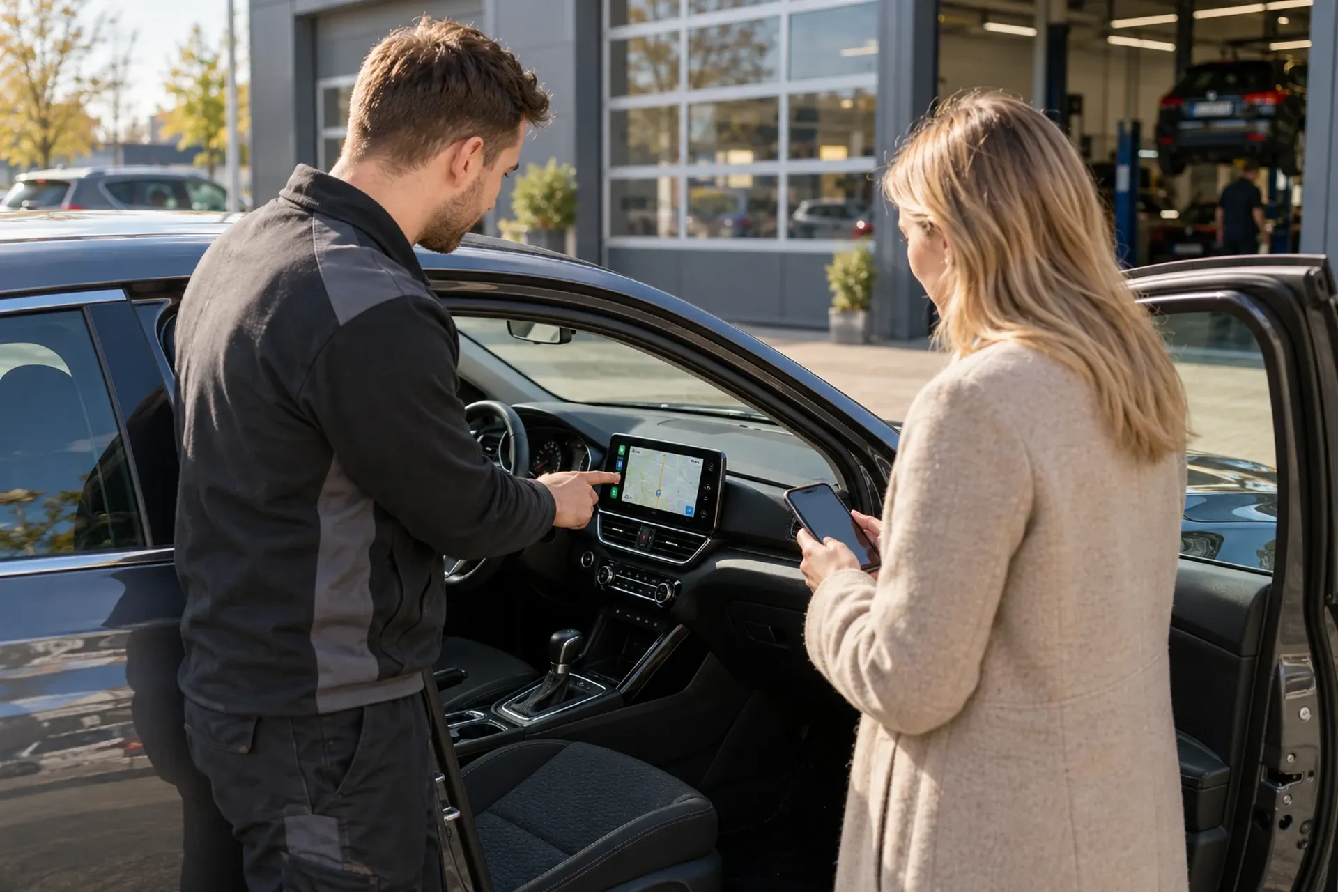 Monteur legt het nieuwe CarPlay-scherm uit aan een klant uit Enschede