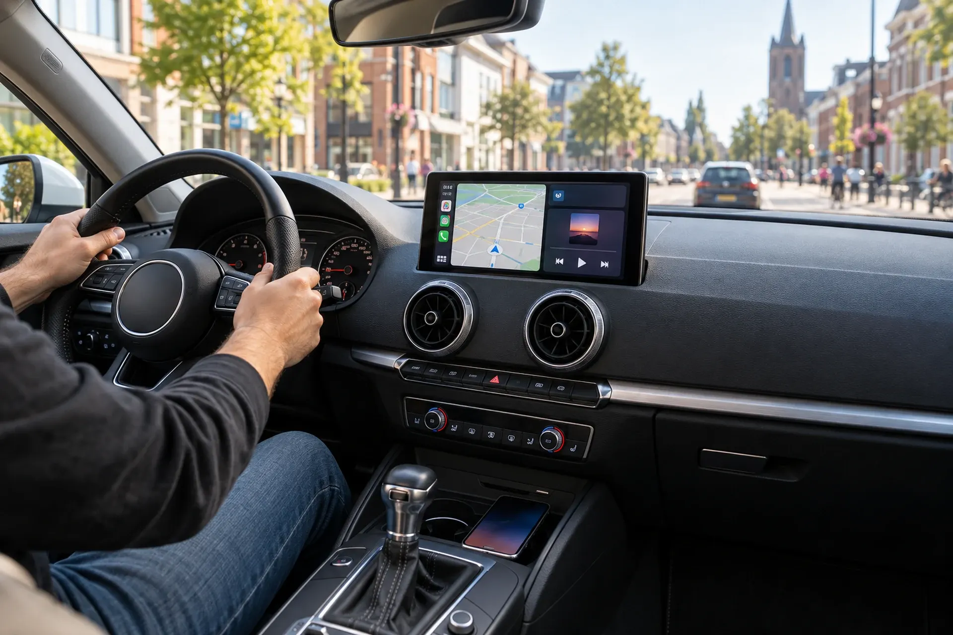 CarPlay-scherm ingebouwd in het dashboard van een Audi A3 in Enschede