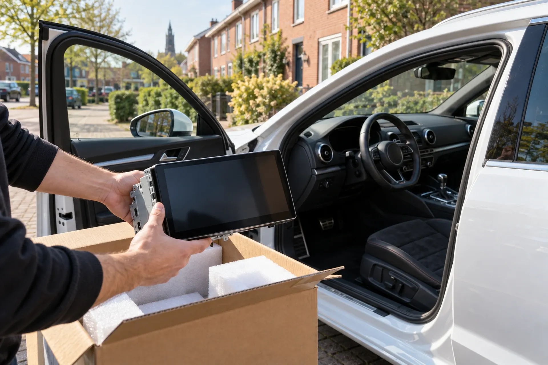 Nieuw CarPlay-touchscreen wordt uitgepakt voor een Audi A3 van een klant uit Enschede