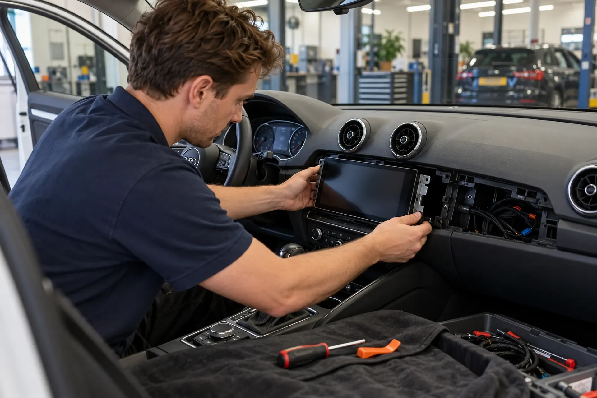 Monteur monteert een CarPlay-scherm in het dashboard van een Audi A3 in de werkplaats van de inbouwpartner